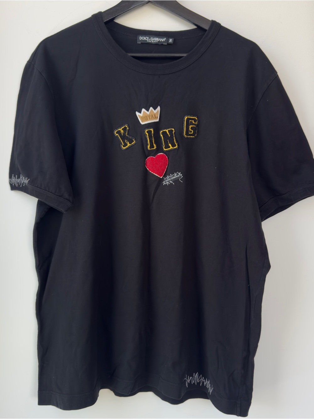 Dolce & Gabbana Black Tee with 'KING' Patch and Red Heart